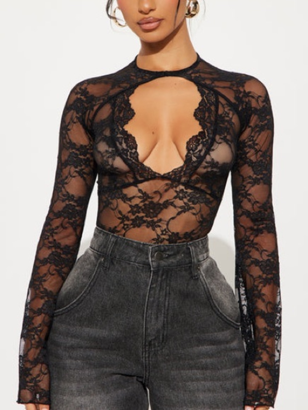 Fashion Nova Black Sheer Lace Long-Sleeve Keyhole Top